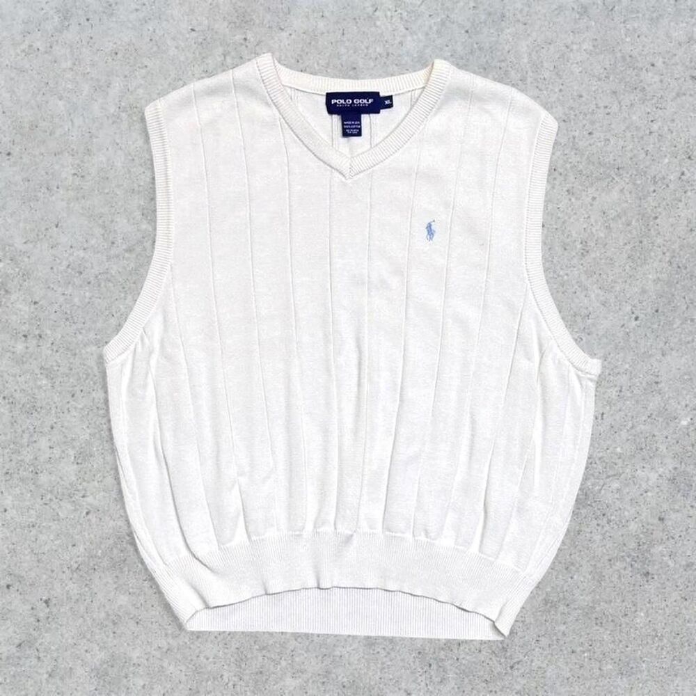 Polo by Ralph Lauren White V-Neck Cable Knit Vest with Light Blue Pony